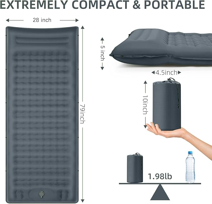 FNARMW Camping Sleeping Pad, Extra Thick 5 Inch Camping Mat with Pillow Built-in Foot Pump Inflatable Sleeping Pads Compact for Camping Backpacking Hiking Traveling Tent（Gray）