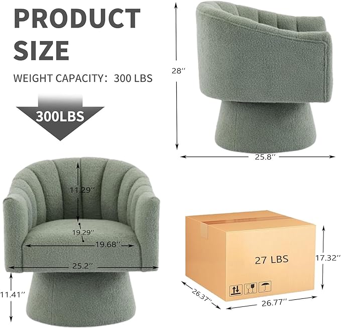 SEYNAR Swivel Accent Chair,Upholstered Teddy 360° Swivel Barrel Chair for Living Room Overstuffed Bouncle Reading Chair Round Armchair for Bedroom,Vanity,Office-Green