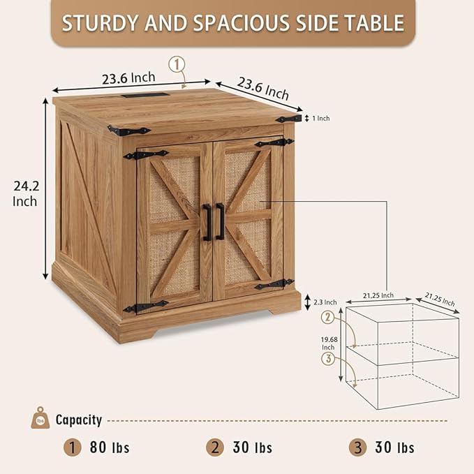 Barnyatoh Farmhouse Boho End Table with Charging Station, 24" Large Side Table with Rattan Barn Door, Rustic Wood Square Nightstand Bedside Table with Storage for Living Room, Bedroom, Natural 2-Pack