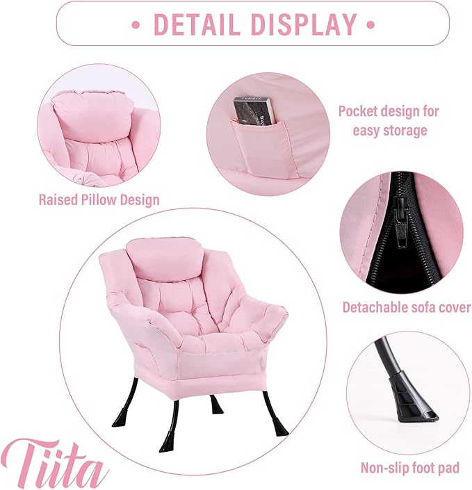 Tiita Lazy Chair, Pink Chair Modern Large Accent Lounge Armchair, Comfy Leisure Sofa Reading Chair for Bedroom, Living Room, Dorm Rooms, Garden and Courtyard, Pink