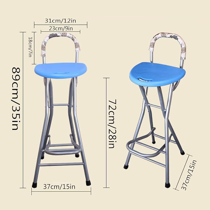 Folding Bar Stool with Backrest, 28 Inch Counter Height Foldable Stool, Portable Folding Stool Tall Bar Stools for Outdoor Camping Kitchen Shop Cafe, Blue (1 Pcs,)