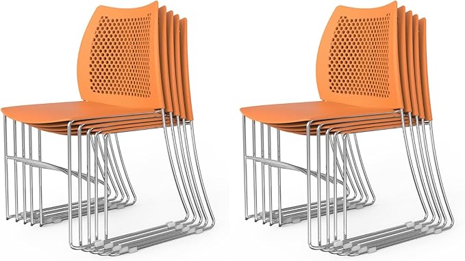 VINGLI Stacking Chairs Set of 10 Stackable Office Chairs with Metal Sled Base, Ergonomic Plastic Seat & Holes Back, Stacking Chairs for Waiting Room Break Room Banquet Guest, Orange