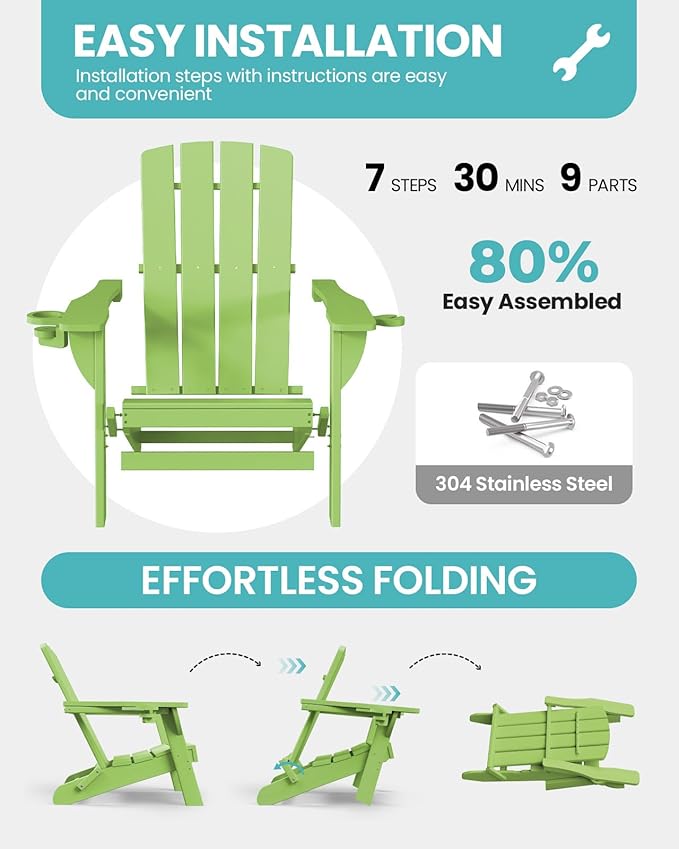 Folding Adirondack Chair, HDPE All-Weather Fire Pit Chairs, Plastic Adirondack Chairs with 2 Cup Holder, Outdoor Lawn Chair for Patio Garden (Light Green)