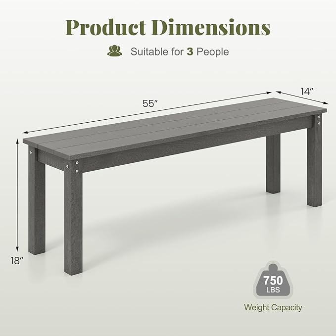 Tangkula HDPE Outdoor Bench, 2-3 Person Patio Bench, 55" Backless Garden Dining Bench with Slatted Seat, Weatherproof Park Bench for Entryway, Porch, Lawn & Backyard (Grey,2)