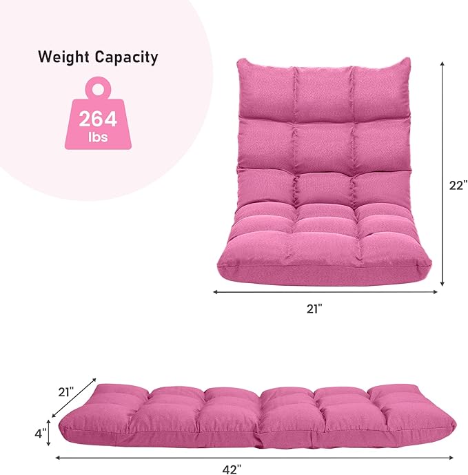 COSTWAY Floor Chair, Folding Gaming Chair with Back Support, 14 Adjustable Positions, Alloy Steel Frame, Lazy Sofa Lounge for Playing Reading Meditating Room Recliner for Adults, Kids (Pink)