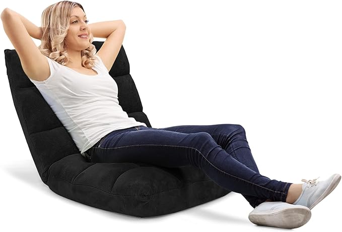 KOMFOTT 14-Position Adjustable Floor Chair With Back Support, Folding Padded Gaming Sofa for Reading, Meditation, Living Room Lazy Lounge, Video Gaming - Black