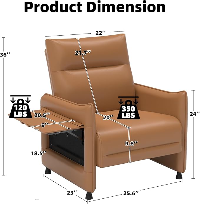 Upholstered Accent Sofa, Modern Faux Leather Sofa Chair with Hidden Foldable Tray & Side Pocket, Front Contour Arm Design, Small Accent Sofa for Bedroom, Brown