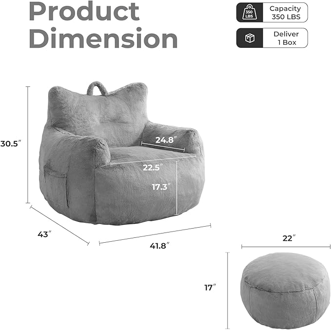 Giant Bean Bag Chair for Adults with Ottoman, Oversized Bean Bag with Filling Plush Fluffy,BeanBag Lazy Sofa Couch with Armrest for Living Room, Stuffed Floor Sofa with Sidepocket for Bedroom, Grey
