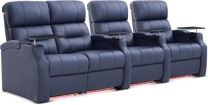 Weilianda Home Theater Seating, Top Grain Leather Sectional Seats Recliner Chair, Zero Gravity Reclining Sofa with Power Headrest 7 Colors Ambient Lighting USB C Charge Row of 4 Loveseat Left Blue
