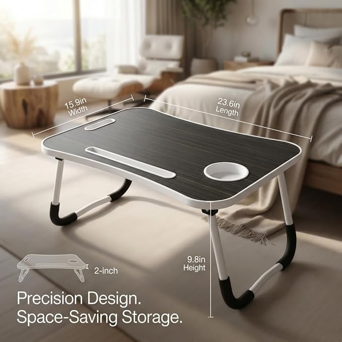 BUYIFY Folding Lap Desk, 23 Inch Portable Wood Black Laptop Bed Desk Lap Desk with Cup Holder, for Working Reading Writing, Eating, Watching Movies for Bed Sofa Couch Floor