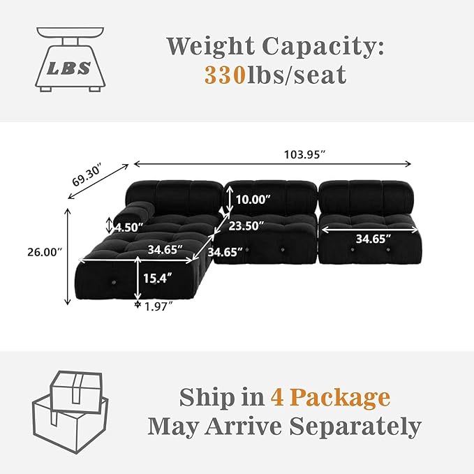 JACH L-Shaped Modular Sectional Couch, Modern Deep 3-Seat Couches with Chaise Ottoman, 104'' Minimalist Teddy Velvet Sectional Sofas, Convertible Sleeper Sofa for Living Room Apartment (Black)