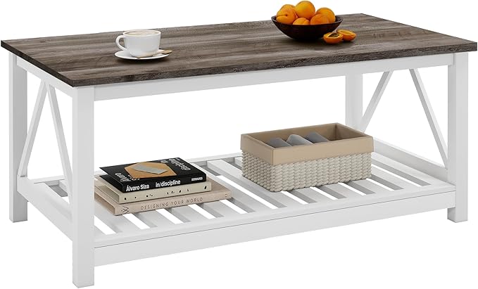 UYIHOME Farmhouse Coffee Table, White Oak Coffee Table for Living Room, 2-Tier Rectangular Wooden Centre Cocktail Table with Slats Shelf Storage and V-Shaped Frame Modern Coffee Oak Grey
