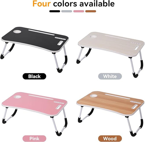 23.6 inch Portable Bed Desk, Folding Lap Desk with 4 USB Ports, Wind Fan, LED Light, Cup Holder and Side Drawer for Working, Reading, Writing, Eating on Bed, Sofa, Floor (Wood)