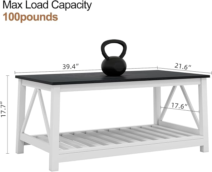 UYIHOME Farmhouse Coffee Table, Black and White Coffee Table for Living Room, 2-Tier Rectangular Wooden Centre Cocktail Table with Slats Shelf Storage and V-Shaped Frame Modern Coffee Tables Oak Black