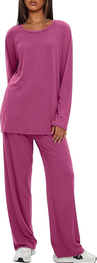 Darong Women's 2 Piece Lounge Set Casual Long Sleeve Crew Neck Tops Wide Leg Pants Travel Airport Outfit Matching Sets