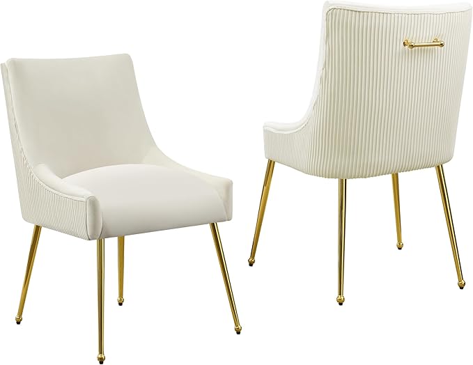 WUTUTUEE Velvet Dining Chairs Set of 2 Gold Legs,Upholstered Velvet Accent Chairs, Pleated Back Design & Gold Pull Handle, Mid Century Modern Chairs for Dining/Kitchen/Living Room,Beige