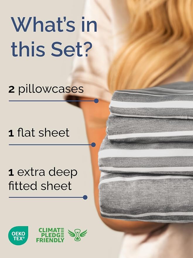 Extra Deep Pocket Cal King Sheets - 4 Piece Breathable & Cooling Bed Sheets - Hotel Luxury Bed Sheet Set - Soft, Wrinkle Free & Comfy - Easily Fits Extra Deep Mattresses - Grey Striped Sheets Set
