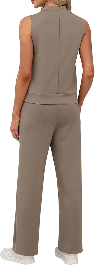 XIEERDUO Two Piece Sets for Women Summer Outfits Travel Mock Neck Lounge Sets Wide Leg Pants Beach Vacation Clothes