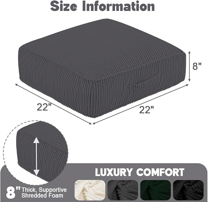 PRIMEPATIO Floor Pillow for Adults Set of 2, 8" Square Floor Cushions with Washable Cover, Large Corduroy Meditation Pillow, 22 inches Tatami Seat with Handle for Living Room or Yoga, Dark Grey