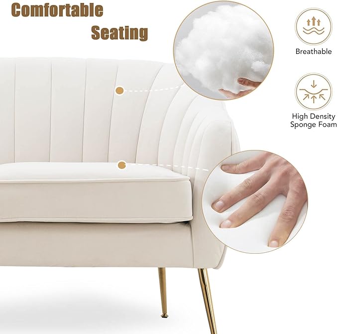Altrobene Velvet Couch Sofa Chairs for Two People, Modern Loveseat for Living Rooms, Bedrooms, Small Spaces, Golden Finished, Beige