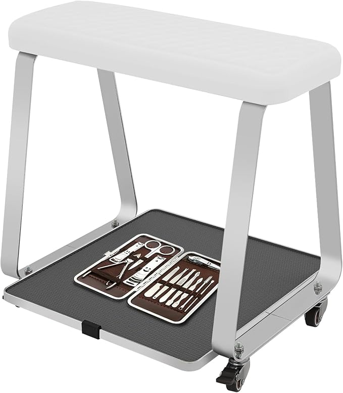 Pedicure Foot Rest, Portable Nail Salon Footrest with Organizer Tray, 110LBS Load Capacity, Lockable Casters for Beauty Nail Salon, Spa, Home, Clinic (White)