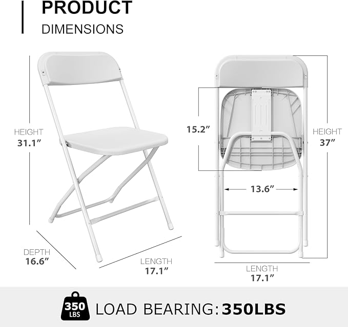 24 Pack White Folding Chairs, Portable Party Chairs, Plastic Folding Chair,Stackable Commercial Seats with Steel Frame for Office Wedding Party Patio Dinning Events, 350lbs Capacity