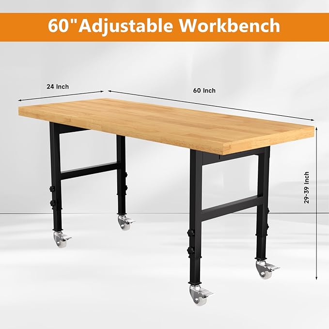 60" Heavy-Duty Solid Wood Work Bench with Wheels, Adjustable Height Workbench with Power Outlets, 2000 LBS Capacity Work Table for Garage, Workshop(60" X 24")