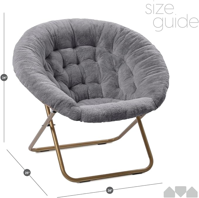 Milliard Saucer Chair For Adults, Teens & Kids, Grey, Faux Fur XL Circle Chair for Bedroom, Dorm & Gaming, Foldable Comfy Accent Seat for Small Spaces, Folding Moon / Mushroom / Round Oversized Style