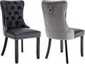 YeahFurn Modern Dining Chairs Set of 2, Tufted Upholstered Dining Room Chairs with Nailhead, PU Leather Front & Velvet Back, Solid Wood Legs, Kitchen Chairs, Sillas de Comedor (Black & Gray)