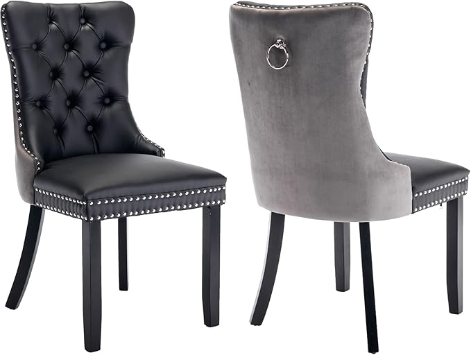 YeahFurn Modern Dining Chairs Set of 2, Tufted Upholstered Dining Room Chairs with Nailhead, PU Leather Front & Velvet Back, Solid Wood Legs, Kitchen Chairs, Sillas de Comedor (Black & Gray)