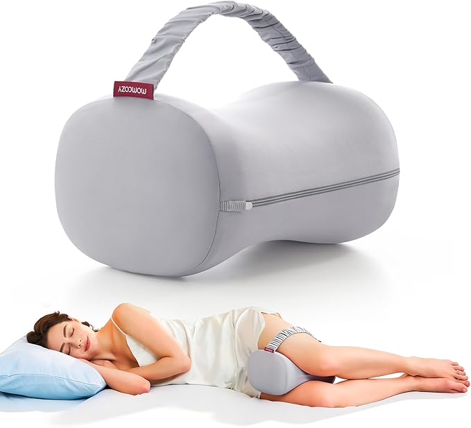 Momcozy Knee Pillow for Side Sleepers with Cooling Cover, Soft Memory Foam Spine Alignment Pregnancy Leg Pillow for Hips, Back, Sciatica Pain, Fixed Strap for Moving, Wider Contact Even Pressure