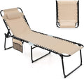 Goplus Chaise Lounge Chair Outdoor, Folding 5-Postion Beach Lounge Chair with Detachable Pillow, Side Pocket, Sunbathing Lounger, Adjustable Tanning Chair for Patio Lawn Pool Yard