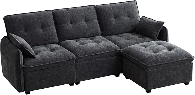 PALLOME 96" Modular L-Shaped Sofa - 3-Seat Cloud Couch with Movable Ottoman, Extra Deep Seat Sofa Couch with Throw Pillows for Living Room & Small Spaces (Grey, 3-Seat + Ottoman)