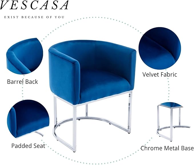 VESCASA Velvet Upholstered Dining Chairs with Barrel Back, Mid Century Modern Padded Restaurant Chairs with Chrome Metal Frame for Kitchen, Dining Room, Set of 3, Blue
