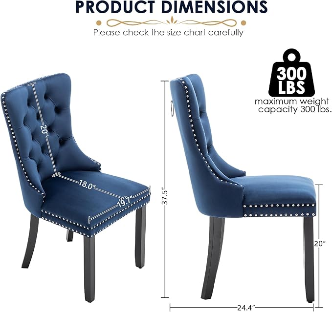 Kiztir Velvet Dining Chairs Set of 4, Upholstered Dining Chair with Nailhead Trim and Solid Wood Legs, Navy Luxury Wingback Dining Side Chair for Living Room, Bedroom, Kitchen (Blue)