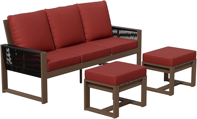 INTER HUT Rustic Hideaway Natural Cedar Wood Outdoor Furniture Set, Wicker Patio Conversation Set for Porch Garden Backyard, Couch and 2 Ottomans, 3 Piece, Brownish/Red
