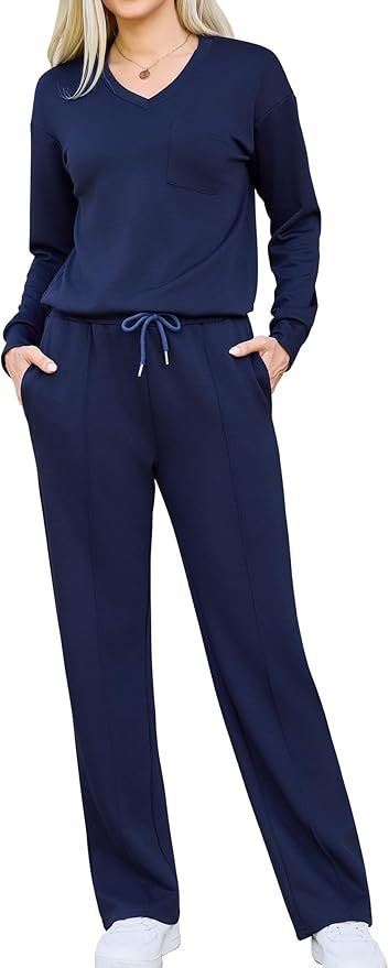 difficort Women's 2 Piece Lounge Sets Casual Travel Airport Outfits Side Slit V-Neck Tops & Wide Leg Pants Matching Set