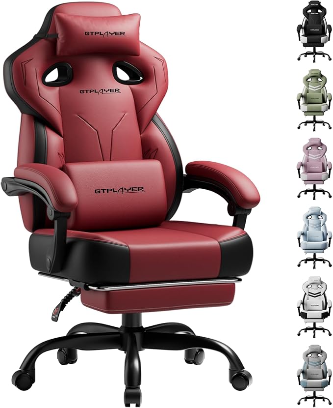 GTPLAYER Gaming Chair, Computer Chair with Footrest and Lumbar Support for Adults, 360°-Swivel Big & Tall Reclining Seat for Office or Gaming (Wine Red)