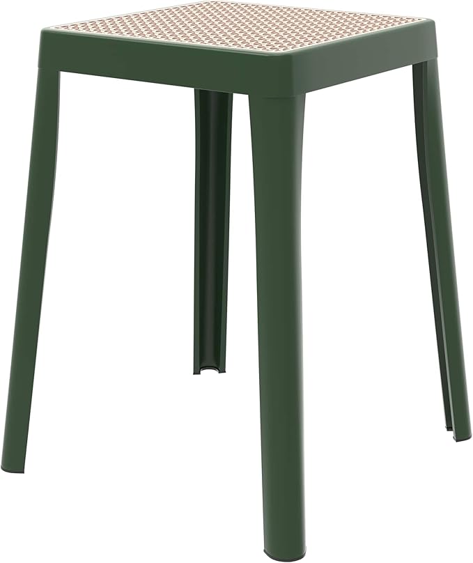 LeisureMod Stackable Square Plastic Dining Stool - Mid-Century Modern Backless Accent Stool with Wicker Top for Kitchen & Dining Room, Green