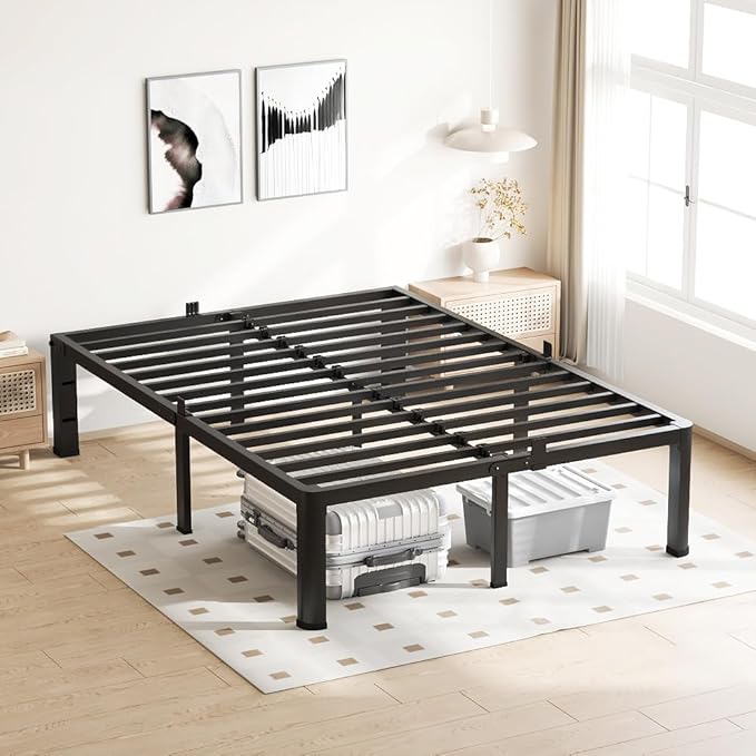 VIPSHOW 18 Inch Full Size Bed Frame, 3500Lbs Heavy Duty Metal Platform with Round Corner Legs Mattress Slide Stopper, Steel Slat Support No Box Spring Needed, Noise Free, Non-Slip, Easy Assembly