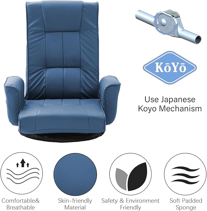 FLOGUOR 360° Swivel Gaming Floor Chair with Armrests – 14-Position Adjustable Folding Floor Sofa Lounger, Padded Backrest, Multi-Angle Recline for Home, Living Room & Office (Blue)