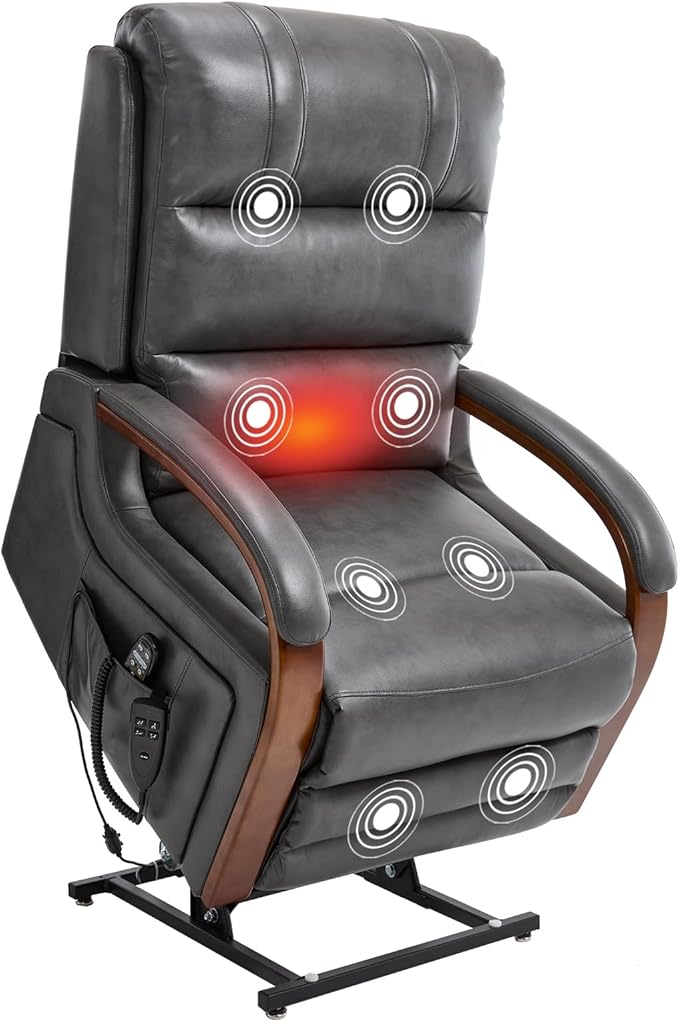 Dual Motor Power Lift Recliner Chair, Lay Flat Recliner, Lift Chair with Massage and Heat, Standing Assistance, Infinite Position Reclining, Living Room Chair (Faux Leather Grey)