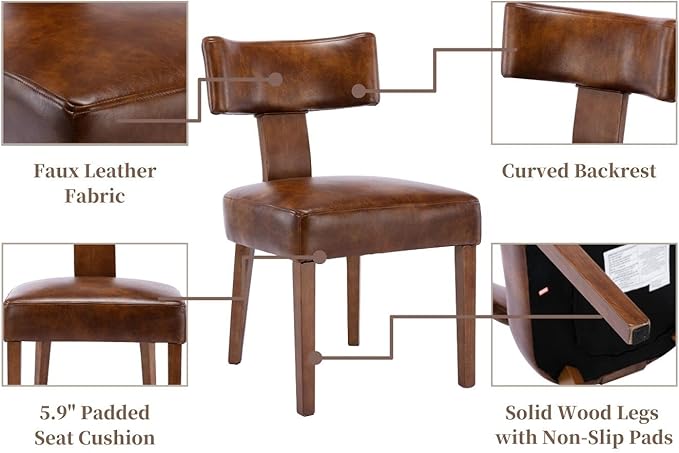 RIVOVA Mid Century Modern Dining Chairs Set of 2 PU Leather Upholstered Side Chairs, Modern Kitchen Armless Parson Chairs Solid Wood Dining Chairs, Brown