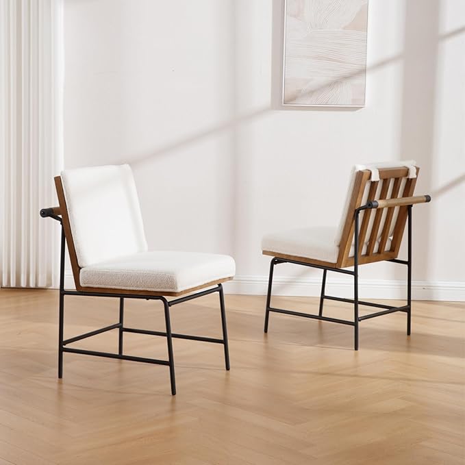 LukeAlon Mid Century Sherpa Dining Chairs Set of 2, Upholstered Square Back Kitchen Chairs with Metal Legs Armless Parsons Chairs with Wood Frame for Dining Room Reception Room, White