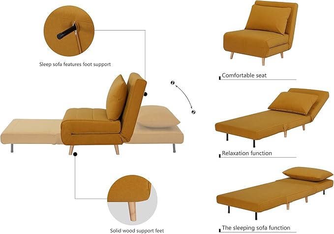 CITTANEO 31" Convertible Sleeper Chair, 3-in-1 Foldable Chair Bed with Pillow, 3-Position Adjustable Backrest, Single Sofa Bed for Apartment, Office, Orange Brown