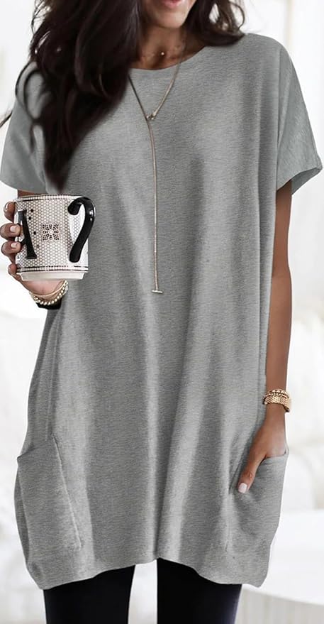 Poetsky Summer Womens Tunic Tops for Leggings with Pockets Short Sleeve Casual Long T Shirts S-3XL