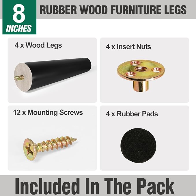 FoDau770 Black Rubber Wood Furniture Legs 8 Inches, Straight Tapered Wood Feet Mid Century Sofa Legs Set of 4, 5/16" UNC Furniture Feet for Cabinet Couch Dresser Chair Ottoman Table