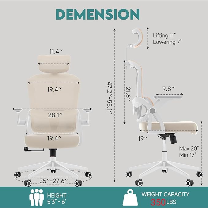 Office Chair Ergonomic Desk Chair with Lumbar Support&Headrest&Flip-up Arms Height Adjustable Rocking Swivel High Back Computer Chair Multi-Angle from 90° to 125° with 350LBS Capacity (05Khaki)