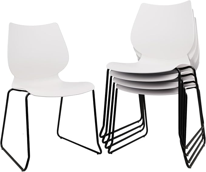 Stackable Waiting Room Chair, Stacking Office Chair with Ergonomic Lumbar Support and Metal Legs, Plastic Desk Chairs for Conference School Church Guest Reception Set of 4, White