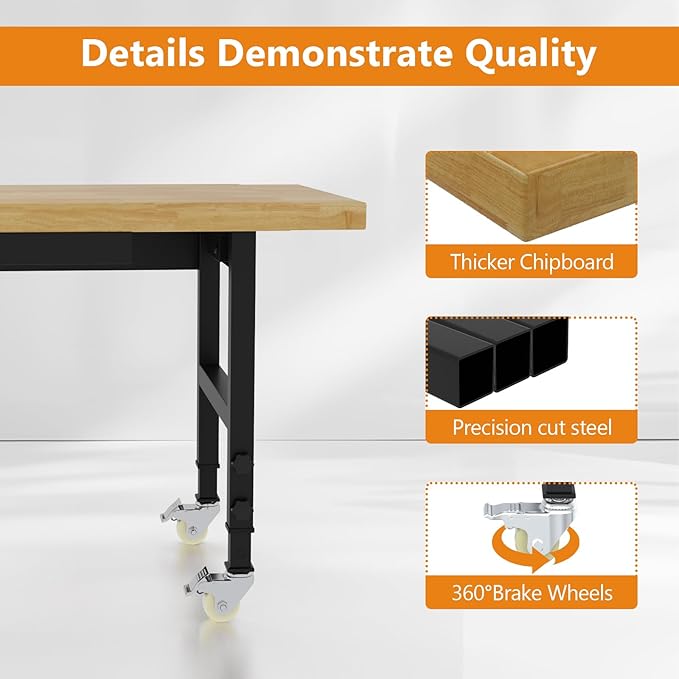 60" Heavy Duty Work Bench with Wheels, Adjustable Height Workbench with Drawers, 2000 LBS Capacity Work Table with Power Outlets for Garage, Workshop, Office, Home